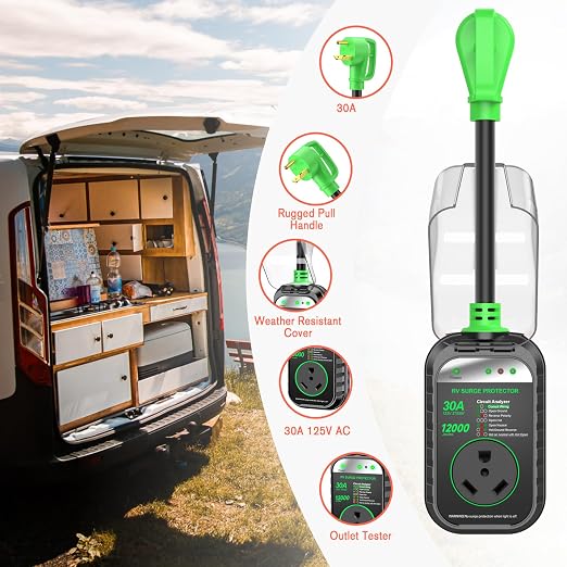GEARGO RV Surge Protectors 30 Amp RV Circuit Analyzer, [𝟐𝟎𝟐𝟔 𝐍𝐞𝐰 𝐔𝐩𝐠𝐫𝐚𝐝𝐞𝐝 & 𝐆𝐞𝐧𝟐] Full Protection, RV Adapter Plug for Camper(Green)