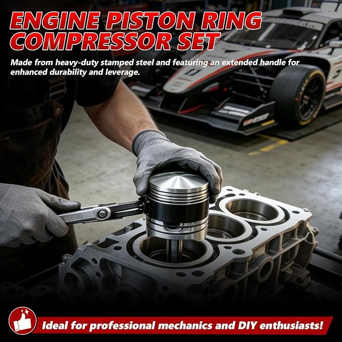 Engines Piston Ring Compressor Tool with Ratchet Pliers & 6 Piston Rings (2-7/8“ - 4-3/8”) Installation and Removal Kit for Car, Truck & Motorcycle Engines