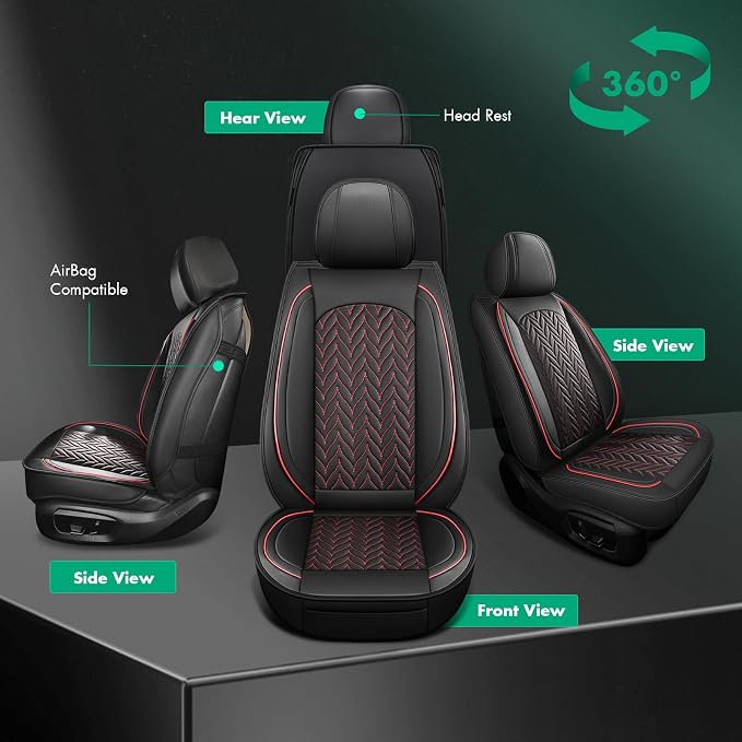 SCITOO Car Seat Covers Full Set Leather Fits for Ford F150 F250(Black&Red) | Waterproof Premium Nappa Leather Car Seat Covers,Airbag-compatible,Full Protection,Easy to install ,Fits for 15-24 For Ford