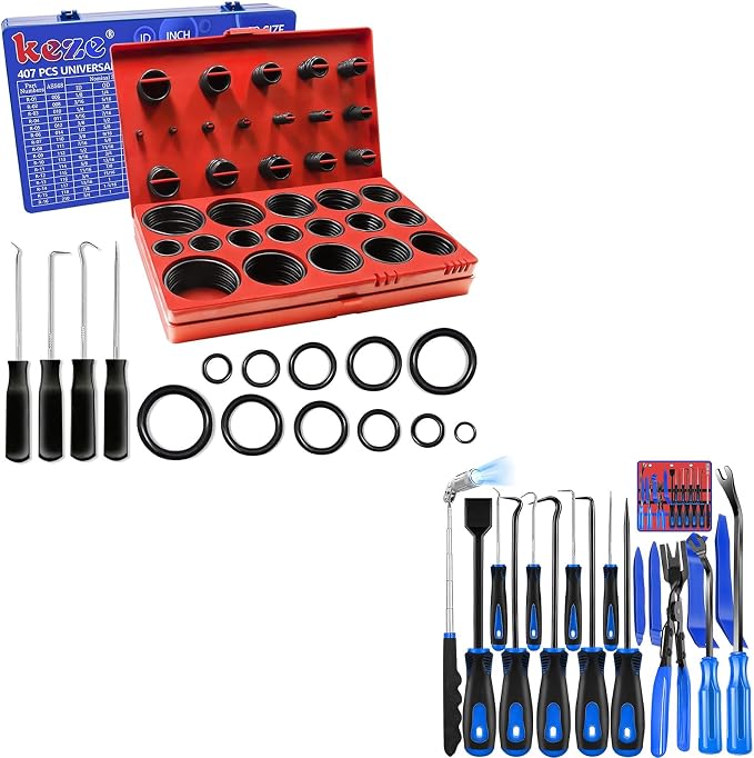 Keze 17 Pcs Hook and Pick Set Auto Trim Removal Tool Kit and 826 Pcs Universal SAE and Metric O-Rings Kit