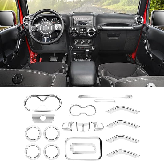 RAZPOY JK 18PCS Interior Trim Kit, Steering Wheel Trim & Gear Shift Cover Air Conditioning Vent Trim Compatible with 2011-2017 Jeep Wrangler JK 4-Door, Chrome