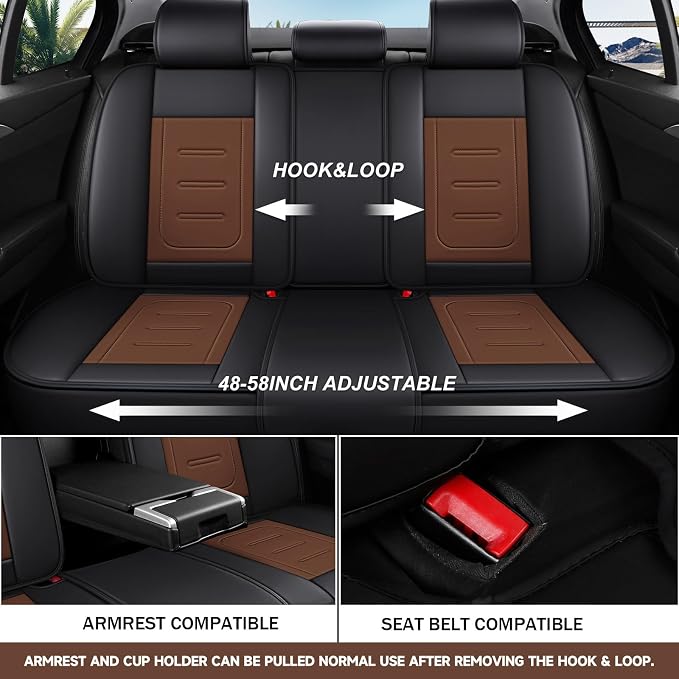 otoez Nappa Leather Car Seat Covers Full Set, Breathable Leather Automotive Seat Covers Front & Rear Seat Protectors with Lumbar Support, Universal Fit for Most Cars SUV Truck Sedan(Black+Brown)