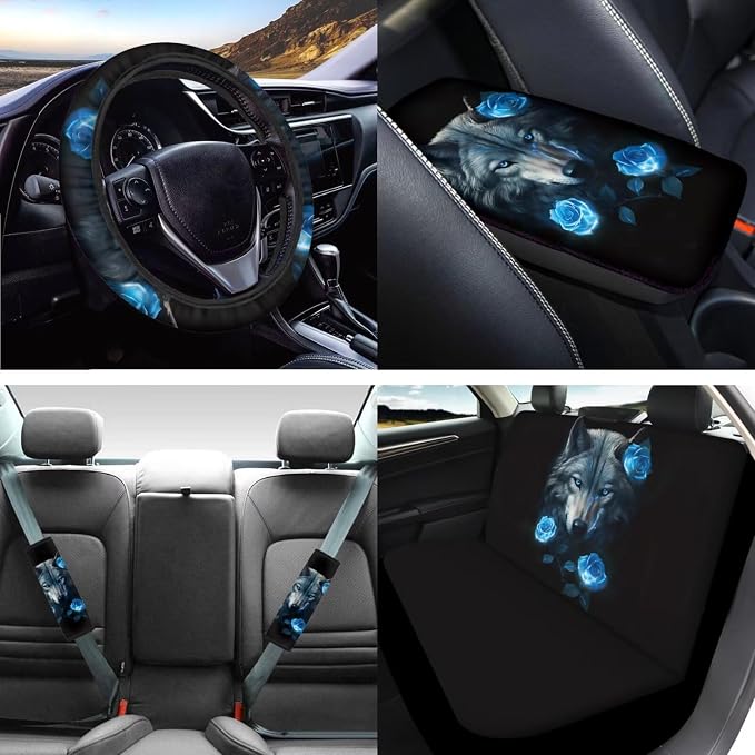 Mumeson Blue Rose Wolf Womens Car Front Seat and Rear Bench Covers Car Seat Covers with 15 Inches Steering Wheel Cover + Seat Belt Shoulder Pads + Car Soft Armrest Cushion Pad