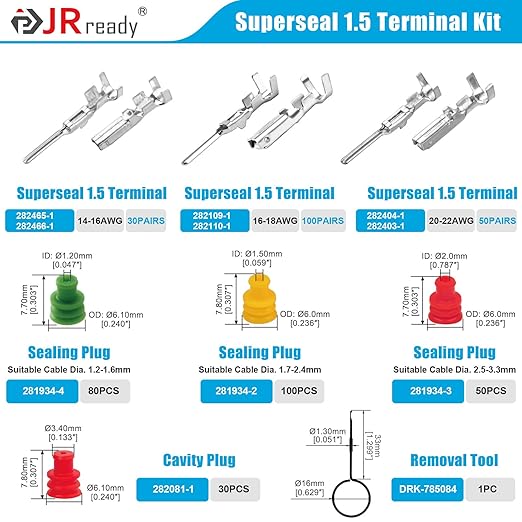 JRready ST6523 Pin Connector Kit Wire Seals Electrical Automotive Contact Male and Female Crimp Superseal 1.5 Terminal Waterproof Connector Pins Car Marine Truck 14-16AWG/16-18AWG/20-22AWG 621Pcs