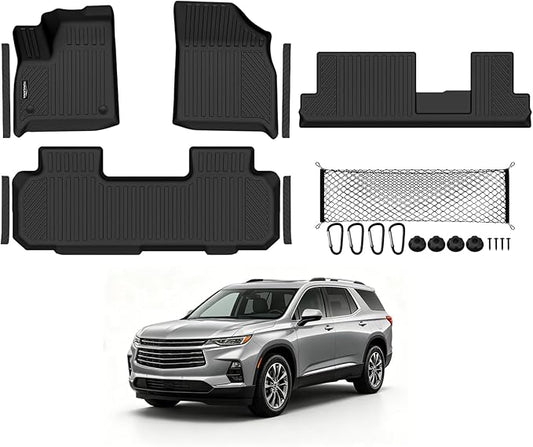 Tongama-Floor Mats for 2018-2023 Chevy Traverse/Buick Enclave 8 Seat with Bench Seats, All Weather TPE Floor Liner & Cargo Net & Door Sill Guards for Traverse/Enclave Accessories