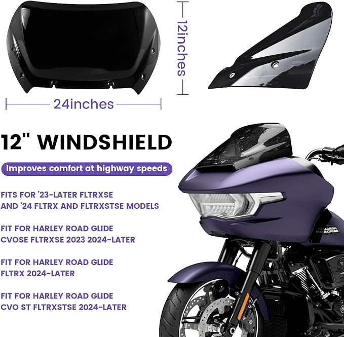 Compatible with 2023 2024-2026 Road Glide Windshield 12" Windscreen for Harley road glide CVO/SE FLTRXSE 2023 FLTRX 2024 CVO ST FLTRXSTSE 2024 Harley Accessories, Black