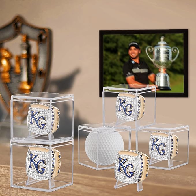 10 Pack Championship Ring Display Case Clear Acrylic Case Display Box for Sports Baseball Basketball Softball Golf Single Ring Coin Holder Stand, 2.16 Inch