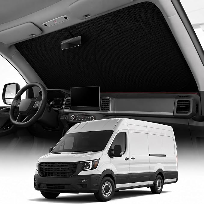 REEVAA 2026 3rd Pro Windshield Sunshade for 2015-2025 Ford Transit | Dual-Layer Heat & Sun Defense, OEM Design | Foldable Sun Shade Car Accessories with Storage Bag