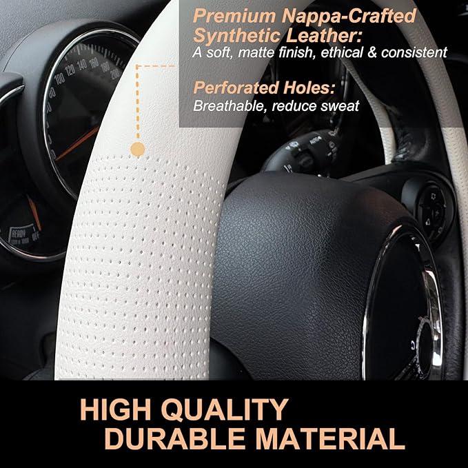 PINCTROT Large Size Nappa Leather Steering Wheel Cover, Slim Fit No Bulk Design, One Piece Leather with Breathable Perforation, Fit Like Gloves, 15.5-15.75 Inch(Nappa White)