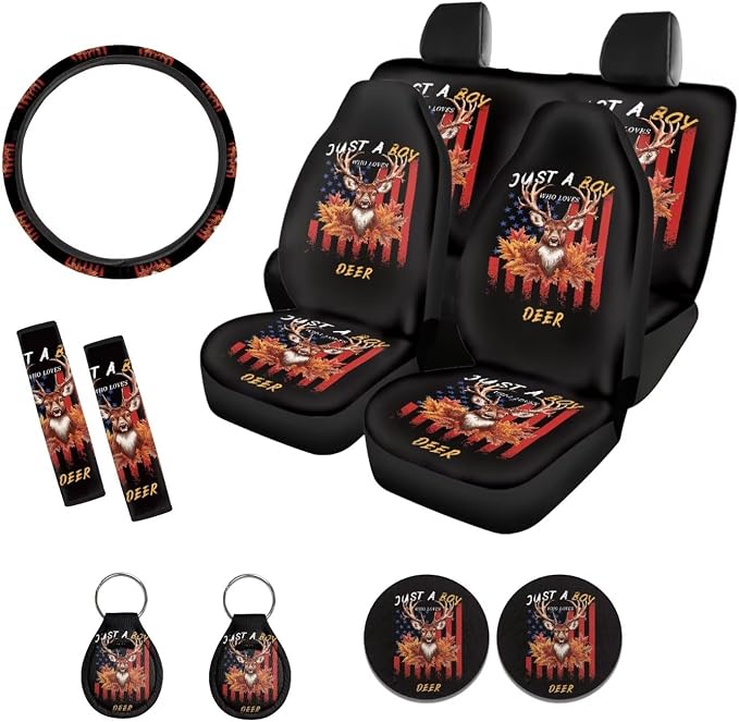 Xoenoiee Deer American Flag Maple Leaf Car Seat Cover Front & Rear Seat Cover with Steering Wheel Cover + Seat Belt Cover+ Cup Coasters+ Key Chains Universal Fit for Van Truck SUV
