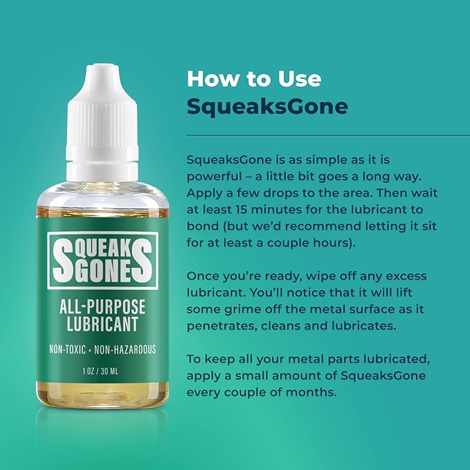 Squeaks Gone Planet Safe Multi-Purpose Penetrating Oil (2oz) for Door Hinges, Sewing Machines, Gym Equipment, Fans, Clocks Rust Removal, Lubrication Long-Lasting Formula Oil Replacement Fix Any Squeak