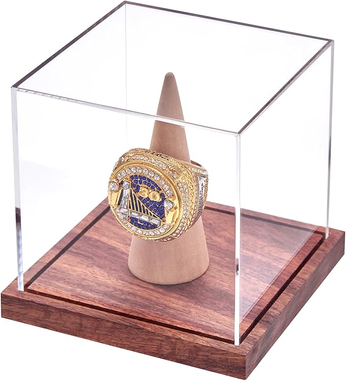 LITY Championship Ring Display Case, No Assembly Required Clear Acrylic Single Ring Holder with Wooden Stand Base for Sports Baseball Fan UV Protection(1 Pack)