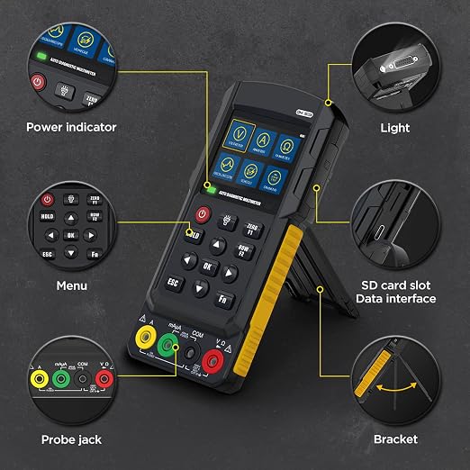 DM303 Automotive Oscilloscope Multimeter, 3-in-1 Handheld Scope with K/CAN Bus Reader, Injector Cranking Relay Test, 500KHz True RMS Diagnostic Tool