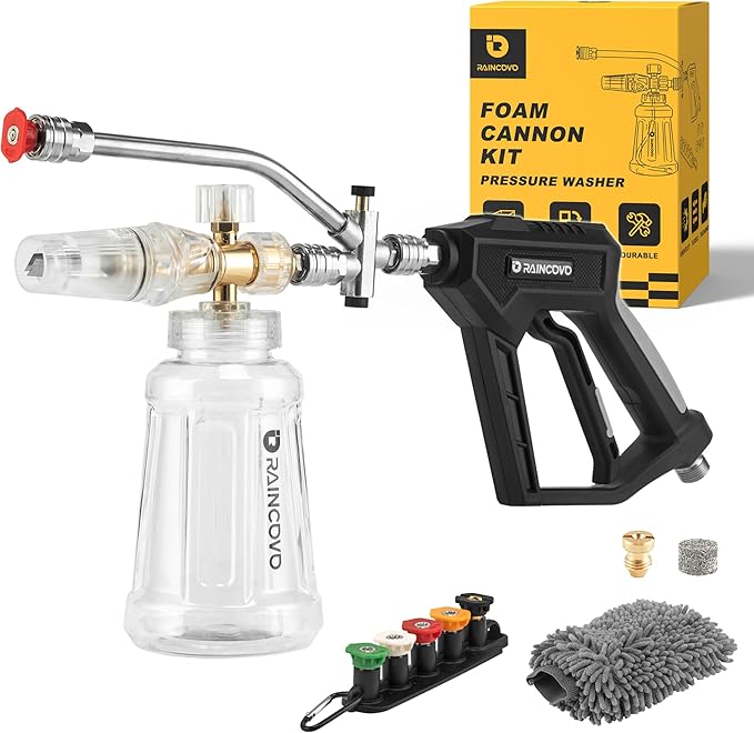 Raincovo Foam Cannon with Short Pressure Washer Gun, Dual Connector Accessories, Snow Soap Attachment for Car Wash, 5 Nozzles Tips with Holder, 1/4” Quick Connect, Additional 1.1 mm Orifice Nozzle