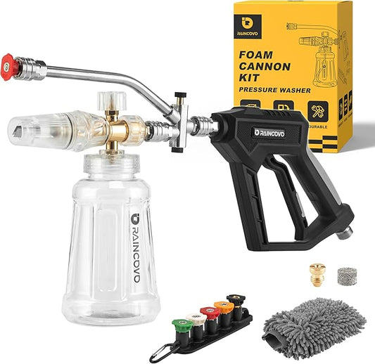 Raincovo Foam Cannon with Short Pressure Washer Gun, Dual Connector Accessories, Snow Soap Attachment for Car Wash, 5 Nozzles Tips with Holder, 1/4” Quick Connect, Additional 1.1 mm Orifice Nozzle