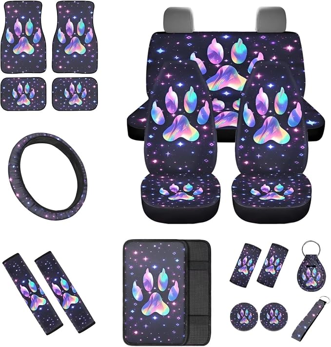 18 Pcs Car Accessories Set for Women, Colorful Stars Dog Paw Print Design, Car Seat Covers with Steering Wheel Cover Floor Mats Seat Belt Pads Armrest Pad Handle Gloves Coasters Keychains