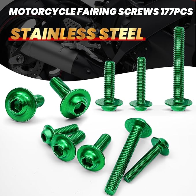 Green Motorcycle Fairing Bolt Kit 177Pcs, M5 M6 Stainless Steel Windscreen Screws Fastener Clips Universal Fit for Sportbike Suzuki Kawasaki Honda Yamaha BMW Ducati GSXR Motorcycle