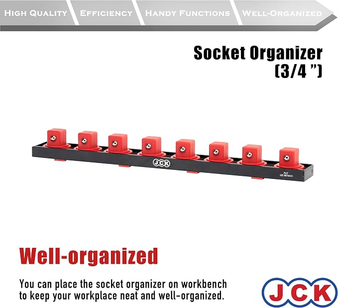 JCK Professional Quality Aluminum Socket Organizer (3/4" Socket) with special designed strip & 360 degree rotary positioning studs Red & Black for Metric/Imperial tool moveable secure socket storage