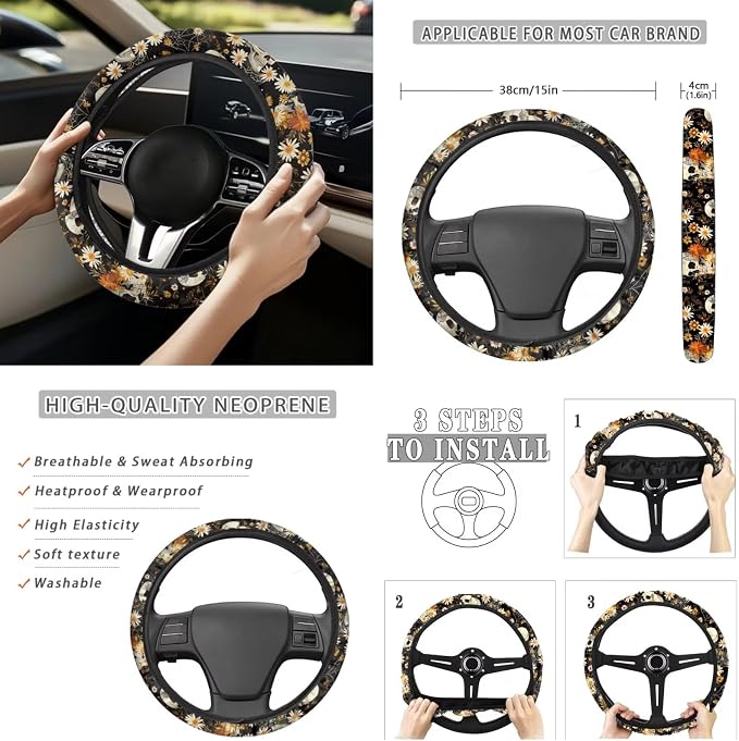 Skull Spider Web 13 Pcs Car Seat Covers with Steering Wheel Cover,Seat Belt Covers Cup Holder with Keychain Automotive Protector Set Unverisal Fit Cars SUV