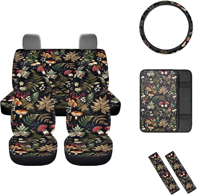 Mumeson Leaves Mushroom Car Seat Covers Full Set with Steering Wheel Cover + Seat Belt Strap Pads Shoulder Pad + Armrest Cushion for Car 8 Pack Set Car Accessories Decor