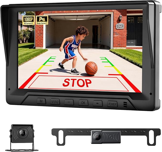 1080P Backup Camera with Backup Sensors Parking Distance Control (PDC) System+Right Side Blind Spot Radar Sensor, Back up Camera with 7'' Monitor for Cars/Truck/RV/Trailer (Back+Right Camera)
