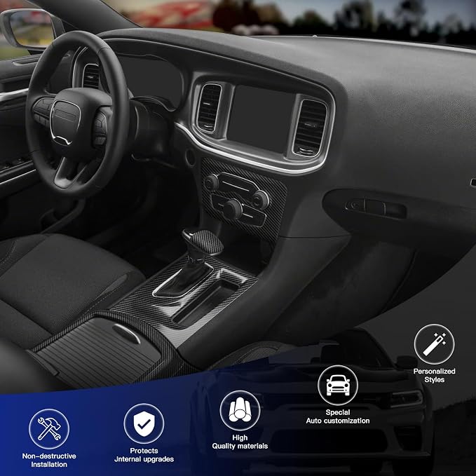 5PCS Carbon Fiber Interior Cover Kit Compatible with 2015-2023 Dodge Charger, Gear Shift Panel Cover Cup Holder Cover AC Air Vent Cover Headlight Switch Panel Cover