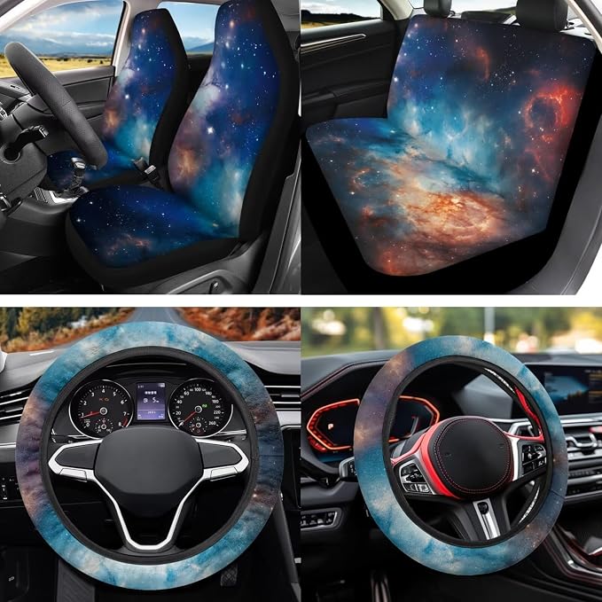 Blue Galaxy 12 Pack Car Seat Covers Full Set with Car Steering Wheel Cover Arm Rest Cover Auto Seat Belt Cover Cup Coasters and Keychain Holder Universal Fit Most Cars SUV
