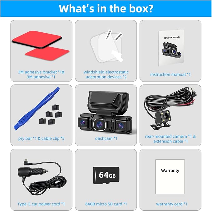 W6 4 Channel Dash Cam 360° Recording Dash Cam for Cars 2K Front + 1080P Rear & Side Cameras 5GHz WiFi & App Control, Night Vision, G-Sensor, Parking Monitor, 64GB SD Card Included