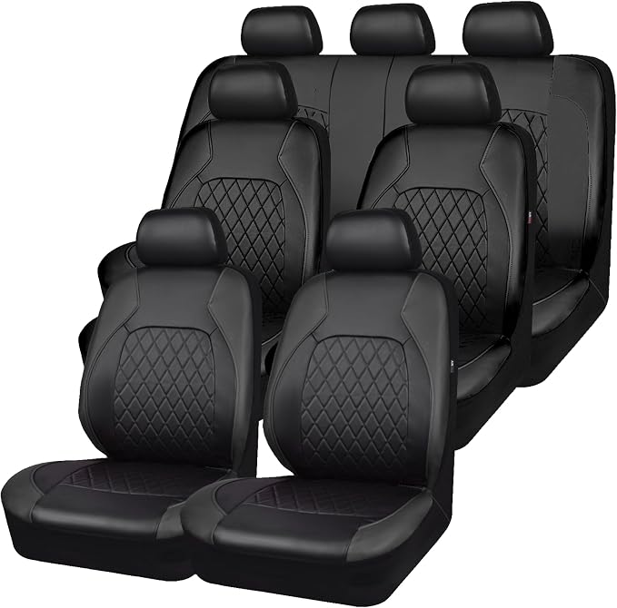 Black Deluxe Pu Luxury Vinyl Leather 3 Row 7Seats Car Seat Covers, Airbag Compatible Universal Fit for Cars, Trucks, SUV