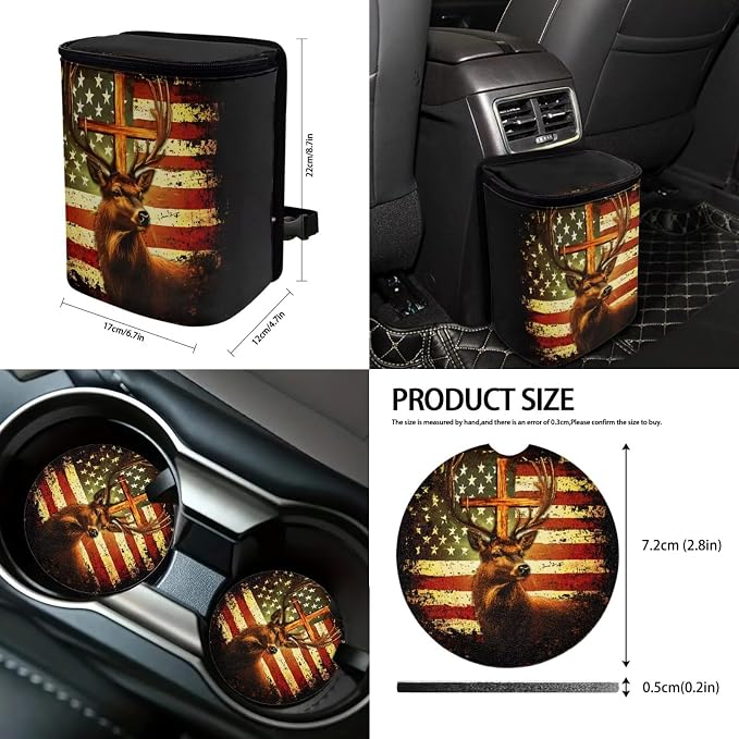 Suobstales Deer Cross American Flag Print Car Seat Cover Interior Accessories Set of 13, Steering Wheel Covers, Car Trash Can, Seatbelt Cover, Coasters, Keychains, Rearview Mirror Cover Universal Fit