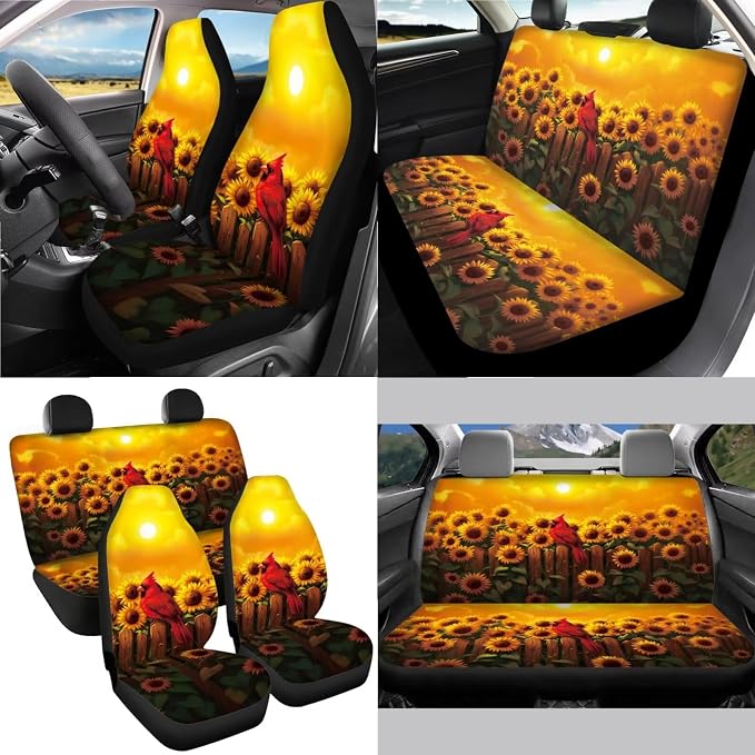 Cardinal Sunflower Print Car Seat Covers Full Set, 13 PCS Auto Accessories with Soft Steering Wheel Cover, Seat Belt Shoulder Pads, Coasters for Most Cars