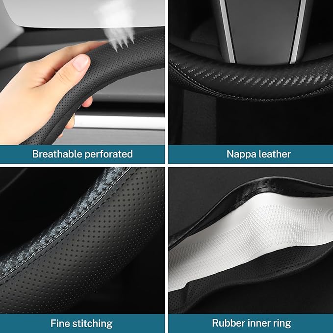 Leather Steering Wheel Cover Custom-Fit for Tesla Model 3/Y 2016-2026, Comfort Grip Design Breathable and Non-Slip, Model 3/Y Car Steering Wheel Protector, Tesla Accessories,Black(B-Style, for Tesla)