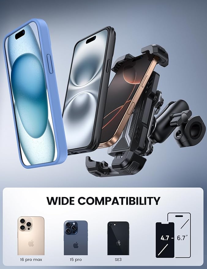 Lamicall Motorcycle Phone Mount Holder - [Dual Vibration Dampener] [Metal Adjustment Arm] Motorcycle Cell Phone Holder, Bike Handlebar Phone Mount, Gifts for iPhone 16 15 14 Pro Max, 4.7-6.7" Phones