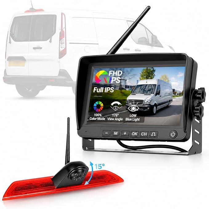 7'' Monitor Rear View Cam for Ford Transit 2014–2018,3rd Brake Light Replacement Cam,Black&White Night Vision,IP67,BSD Blind Spot Detection, Loop Recording,Parking Guide Lines,Adjustable Viewing Angle