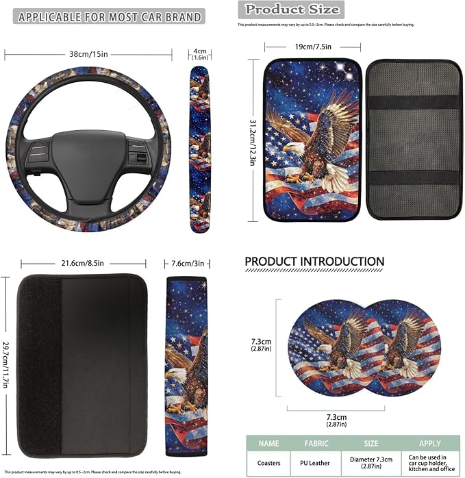 Bulopur American Flag Eagle Car Seat Covers Full Set with Vehicle Armrest Cushion Easy Install Auto Seat Belt Shoulder Strap Covers 15 Inch Steering Wheel Cover Coasters Car Interior Accessories