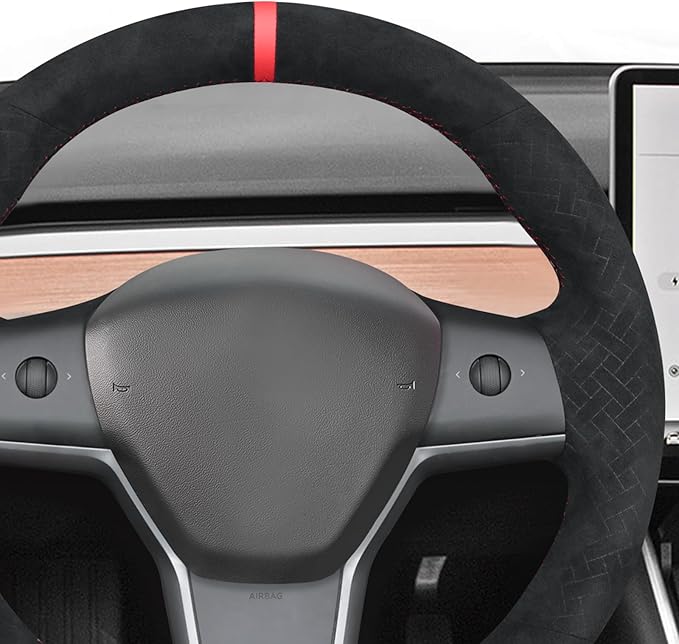 MEWANT Hand Stitch Black Woven Embossed Athsuede Steering Wheel Cover Wrap for Tesla Model Y 2023 Model 3 2017-2023