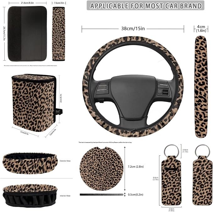 12 Pack Leopard Print Car Seat Covers Full Set Steering Wheel Cover Auto Seat Belt Pad Cover Car Trash Can Rear View Mirror Cover Cup Coasters Keychains Keychain Holder