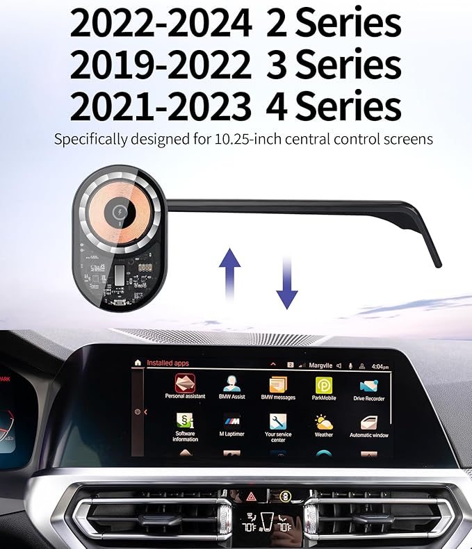 Wireless Charging Car Phone Holder for BMW 3 Series 2019-2022/4 Series 2021-2023/2 Series 2022-2024, 10.25" Screen Fixed Clip, 360° Rotation Car Phone Mount Compatible with MagSafe