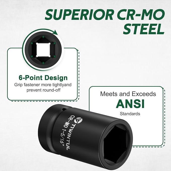 1-5/16" Impact Socket 1" Drive, 6 Point Design, CR-MO Axle Nut Socket, ANSI Certified, Heavy Duty Socket 1 Inch Drive for Truck, Trailer, Industrial & Fleet Maintenance