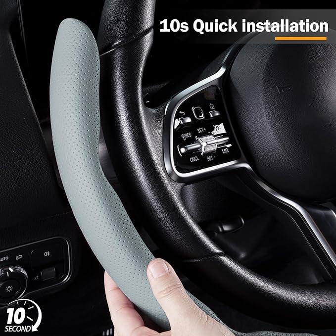Nappa Leather Car Steering Wheel Cover for Men Women, Ultra-Thin Non-Slip Breathable Microfibre, Universal for 14.5"-15" Steering Wheel - Gray