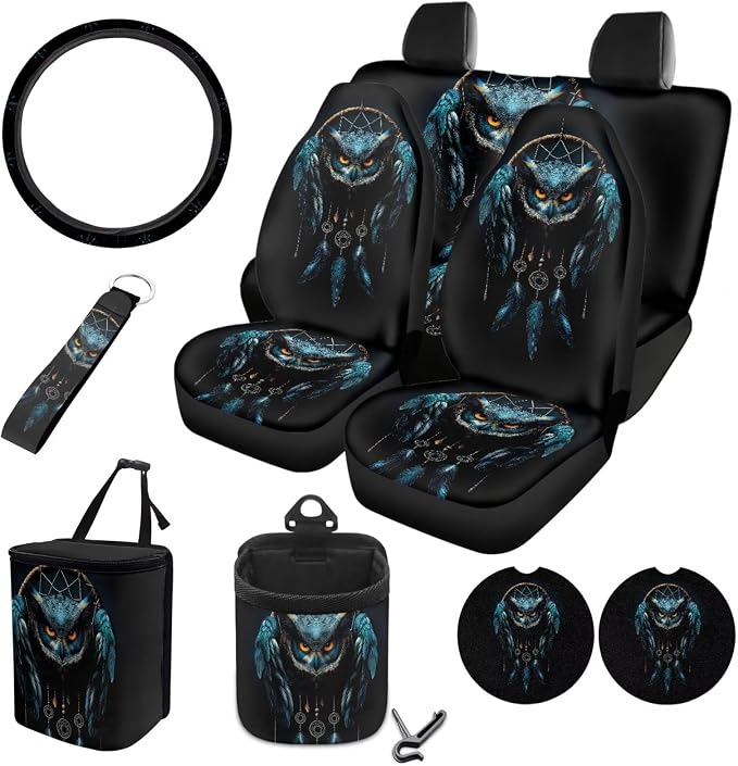 Owl Dreamcatcher Print Car Seat Covers Full Set Car Accessories Pack of 10 Steering Wheel Cover Car Trash Can Keychain Air Vent Pounch Bag Cup Holder Interior Covers for Auto