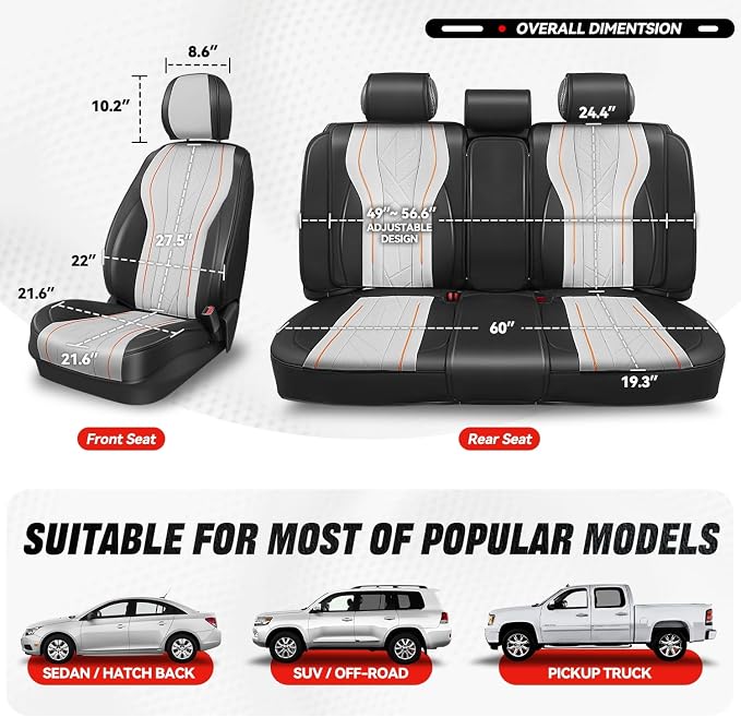Auto Dynasty Car Seat Covers Full Set, Anti-Slip Automotive Interior Covers with Storage Pocket, Breathable Car Seat Protectors, Airbag Compatible, Universal Fit Most Vehicles, Gray (Touring Series)