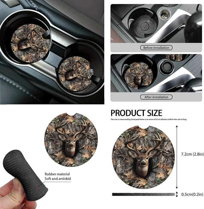 Deer Leaf Camo Pattern Car Accessories Set of 15 Bucket Seat and Rear Bench Cover Steering Wheel Cushion Seatbelt Pad Trash Bin Rearview Mirror Cover Keychain Air Outlet Bag Cup Holders