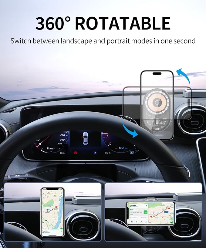Wireless Charging Car Phone Holder for Mercedes Benz GLC-Class 2023-2026 / C-Class 2022-2026, 12.3" Screen Fixed Clip, 360° Rotation Car Phone Mount Compatible with MagSafe
