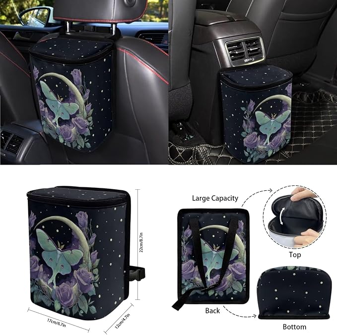 Moth Moon Car Seat Covers Full Set 15 Pcs Universal Car Accessories Steering Wheel Cover Seat Belt Pads Garbage Bag Car Headrest Pillow Covers Armrest Pad
