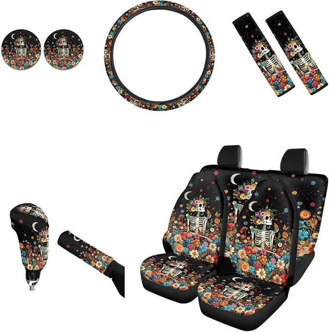 AFPANQZ Car Seat Covers Full Set of 11 Pcs with Steering Wheel Cover Gear Shift Knob Cover+Auto Handbrake Cover+Seat Belt Strap Pads+Car Coaster with Skull Floral