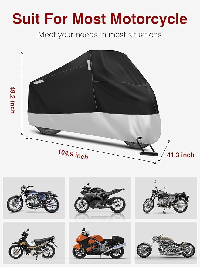 Puroma Motorcycle Cover Heavy Duty Scooter Cover Waterproof Outdoor All Season Universal Weather Quality Protection with Night Reflective, Lock Holes and Storage Bag Fits up to 105" Motorcycle Vehicle