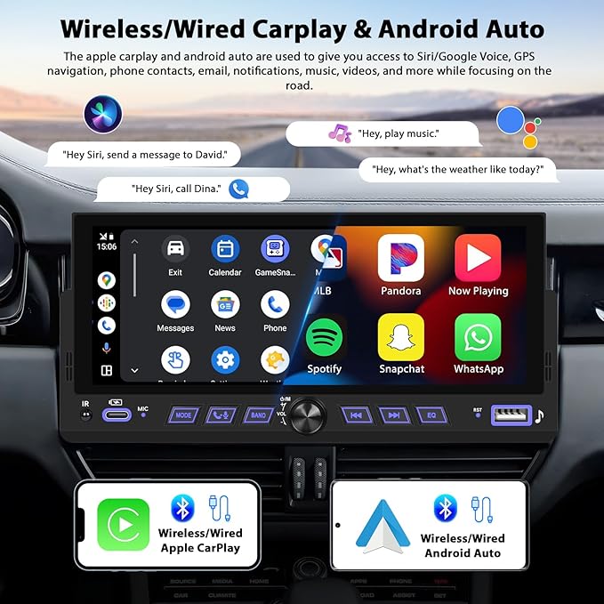 Inefala 6.86" Wireless Carplay Car Stereo Single Din Touchscreen Radio Android Auto Bluetooth 5.2 Backup Camera Car Audio Receiver USB Type C FM EQ SWC MIC