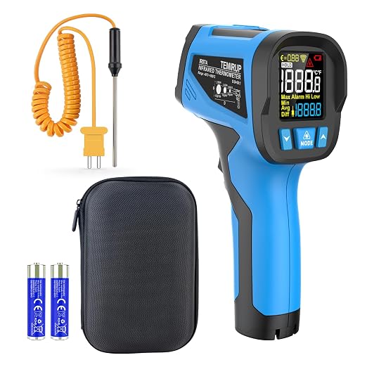 -40℉ to 2462℉, TEMIRUP Infrared Thermometer High Temperature Gun, Non-Contact Digital IR Laser Thermometer with Probe, 30:1 Pyrometer with Color LCD for Cooking, Kiln, Forging, HVAC & Industrial