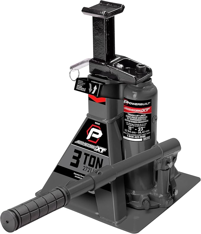 POWERBUILT 3 Ton All-in-One Hydraulic Bottle Jack and Jackstand in One, Compact, Wide Base, 11-21 Inch Range, Eliminates Jackstands, for Trucks, SUVs, RVs, Trailers, ASME, Not for Sedans - 640912